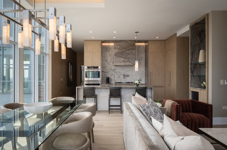 Level Fulton Market Penthouse View of Living Room and Dining Room