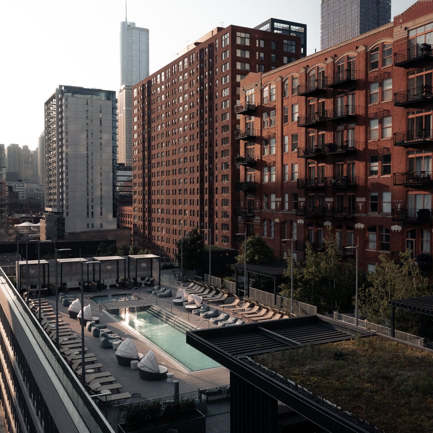 flyover shot of level chicago river north