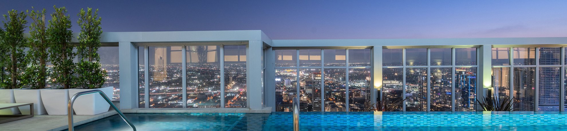 downtown los angeles view from private rooftop patio pool at level penthouse south hill dtla