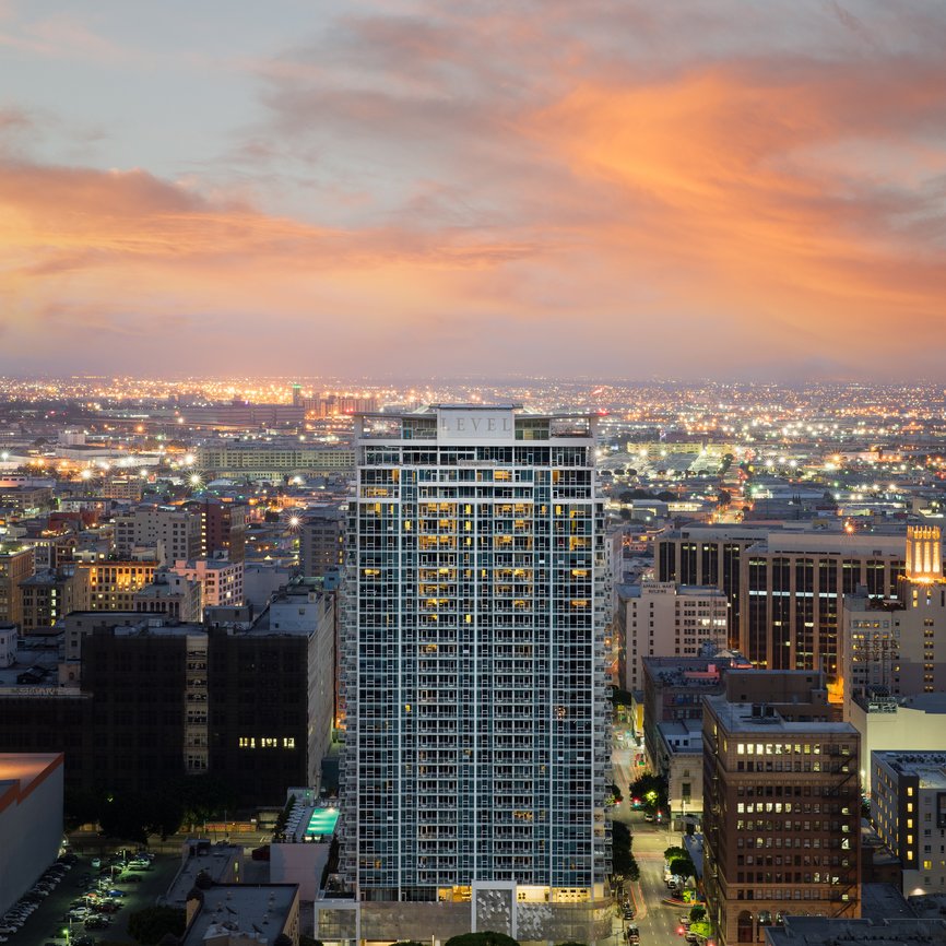 aerial shot of Level Los Angeles South Olive at dusk