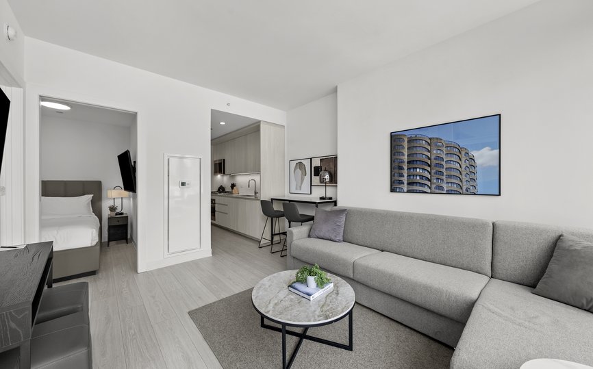 living area of junior two bedroom suite at level chicago fulton market