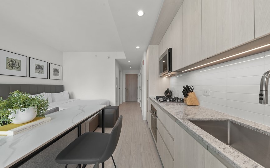 open concept studio kitchen area at level fulton market chicago